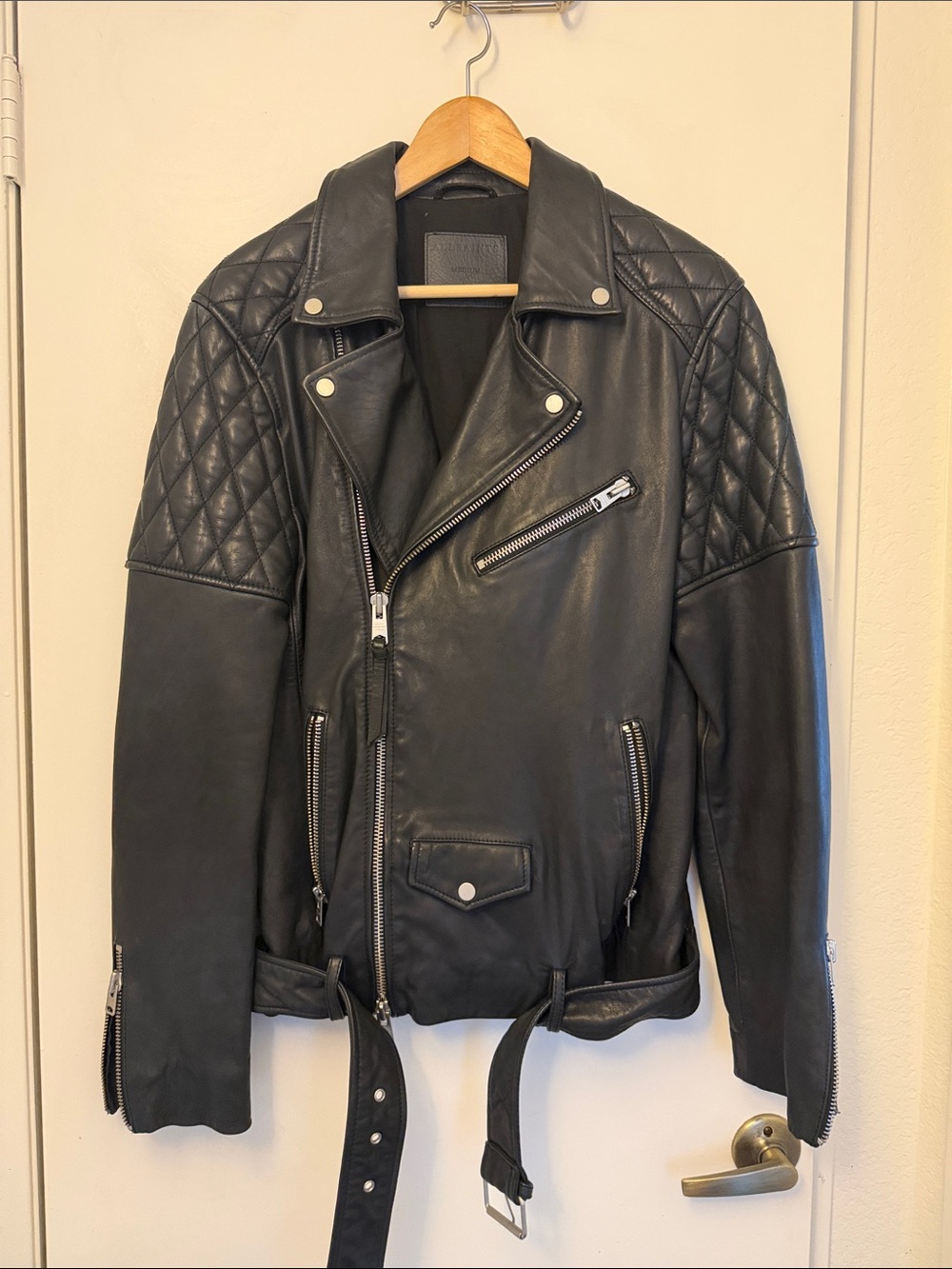 AllSaints Black Quilted-Shoulder Leather Biker Jacket